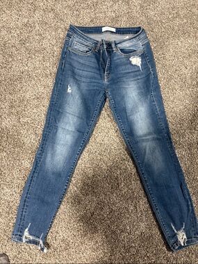 Women's Mid-Rise Distressed Skinny Jeans in Medium Blue